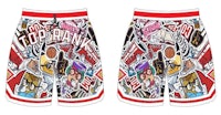 a pair of basketball shorts with different designs on them