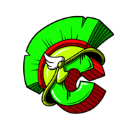 a green and red logo with a spartan helmet